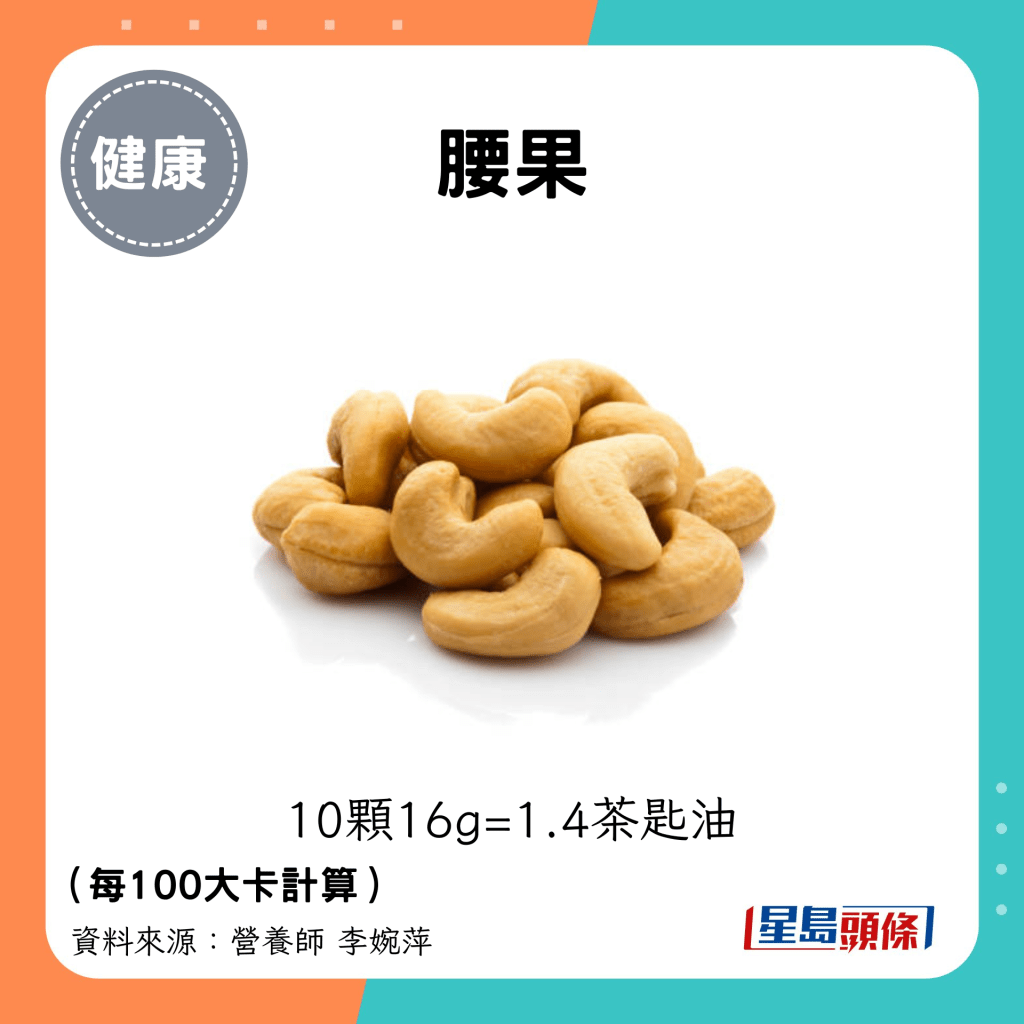 腰果：10颗16g=1.4茶匙油 （每100大卡计算）