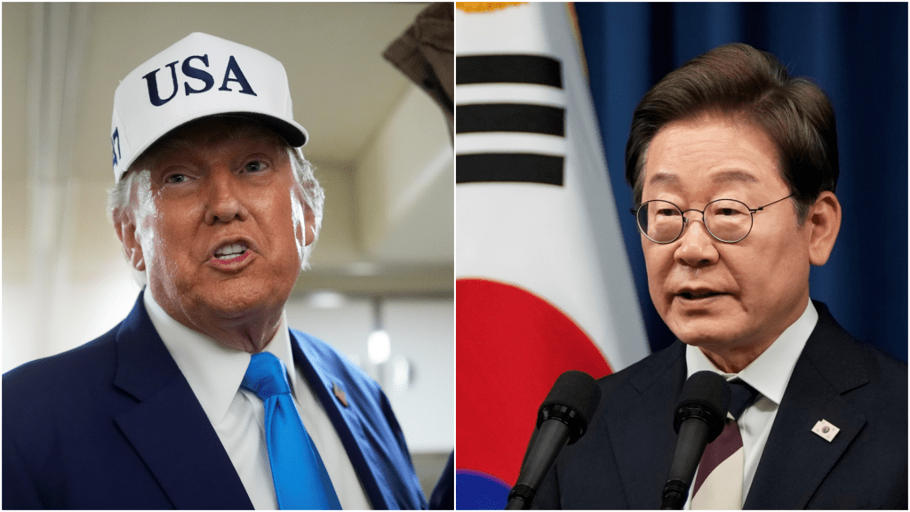 南韓總統李在明(右)上任後與特朗普通電話。 美聯社