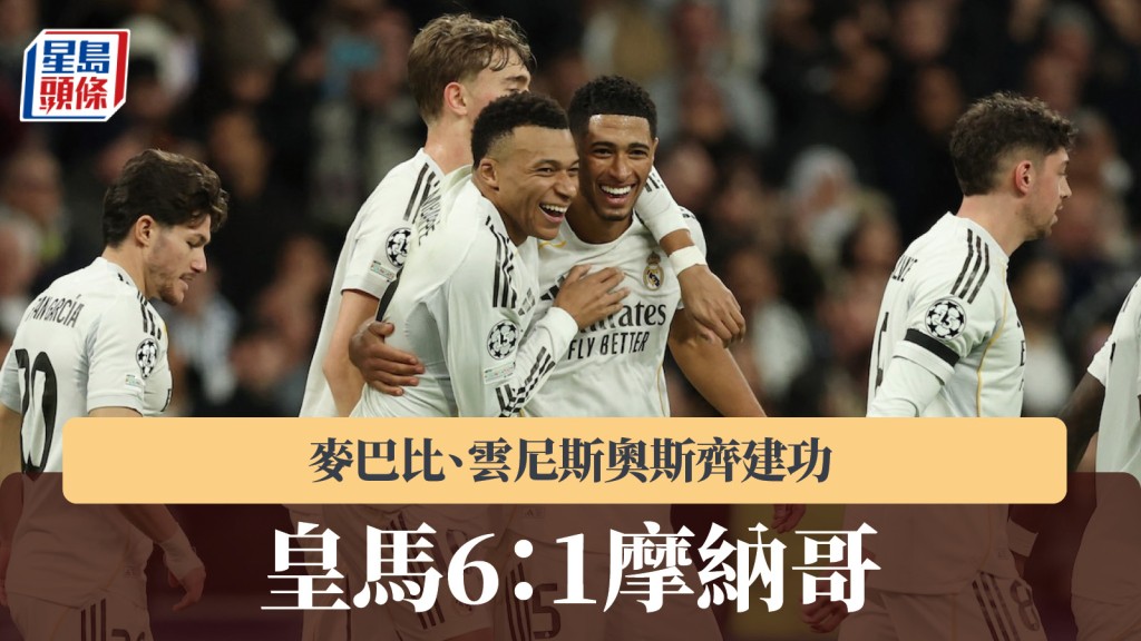 歐聯｜皇馬主場6：1摩納哥 麥巴比、雲尼斯奧斯齊建功。路透社