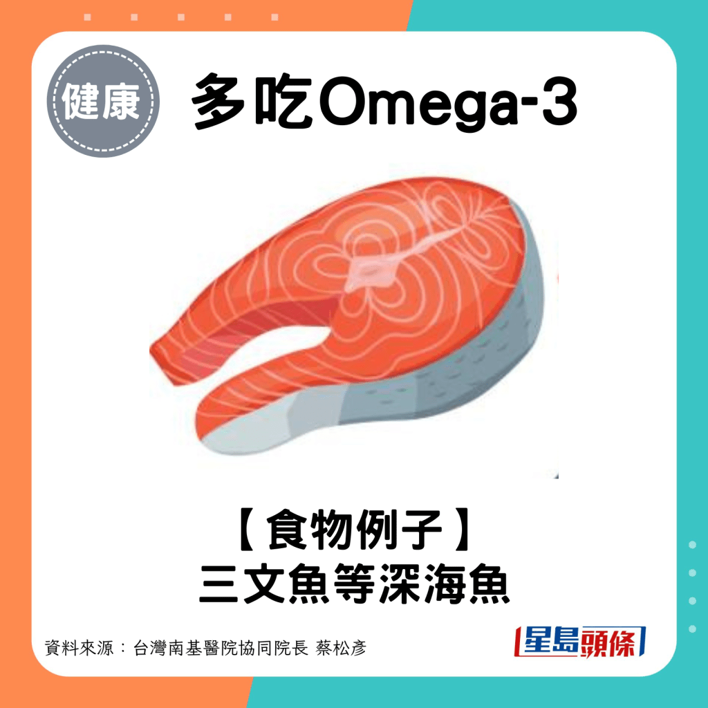 多吃Omega-3好油脂：三文魚等深海魚。