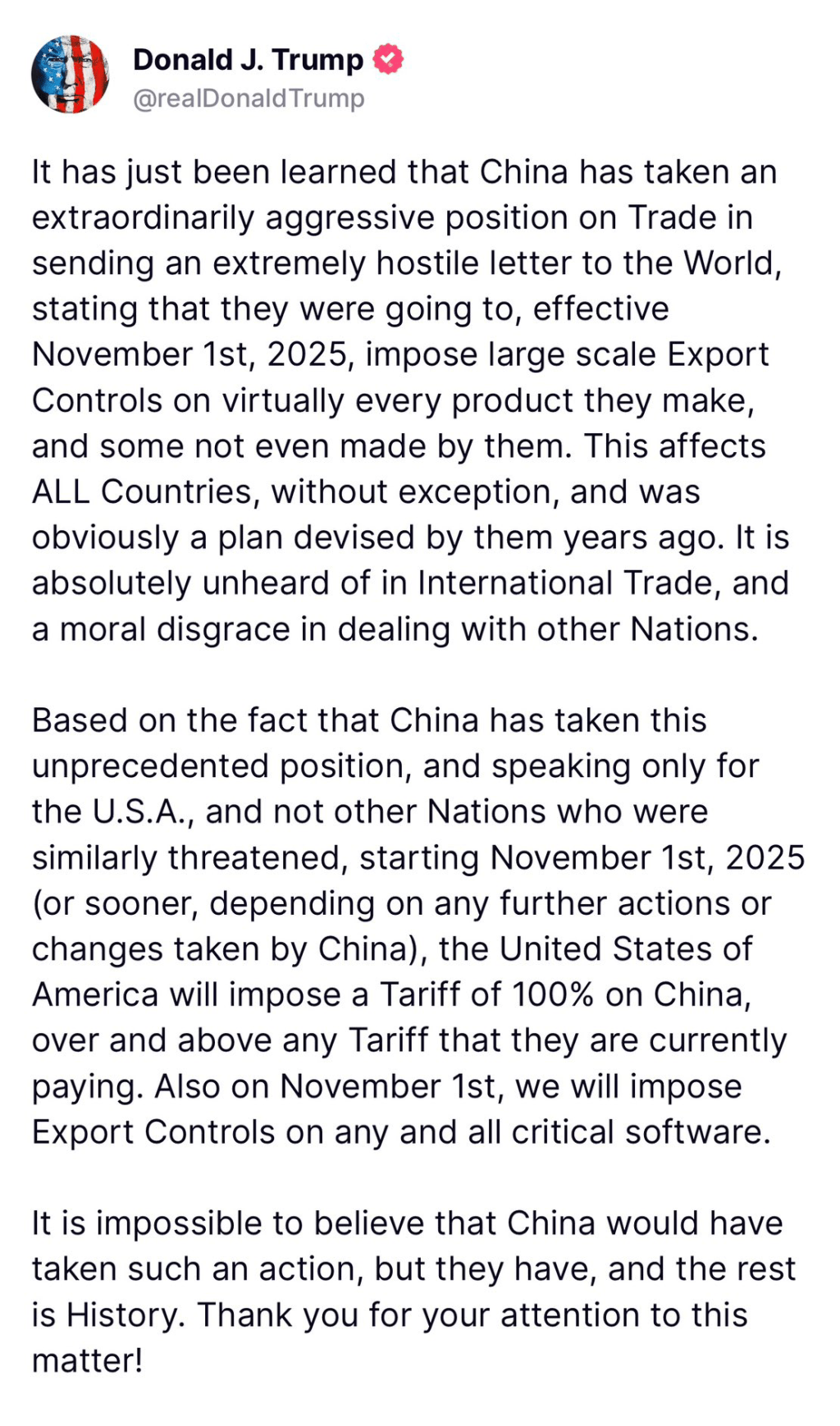特朗普上周在社交媒體發文批評中國在貿易問題的行動，並預告11月對華加徵100%關稅。