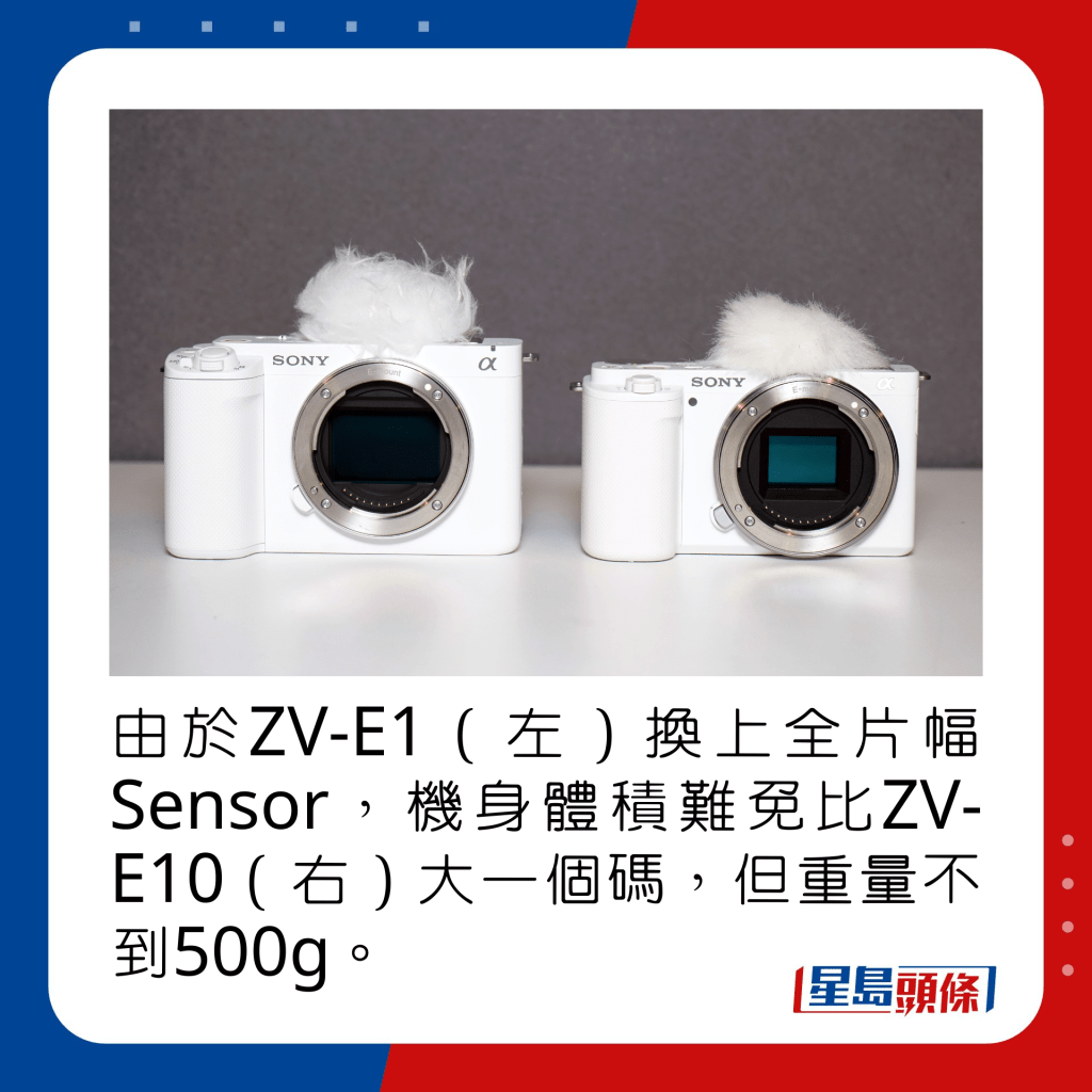 由於ZV-E1（左）換上全片幅Sensor，機身體積難免比ZV-E10（右）大一個碼，但重量仍不到500g。