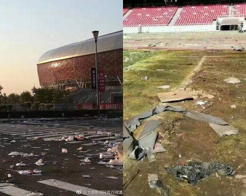 草坪被損壞，變成爛地，場館內外滿地垃圾。