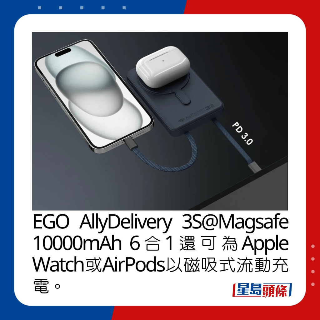 EGO AllyDelivery 3S@Magsafe 10000mAh 6合1还可为Apple Watch或AirPods以磁吸式流动充电。