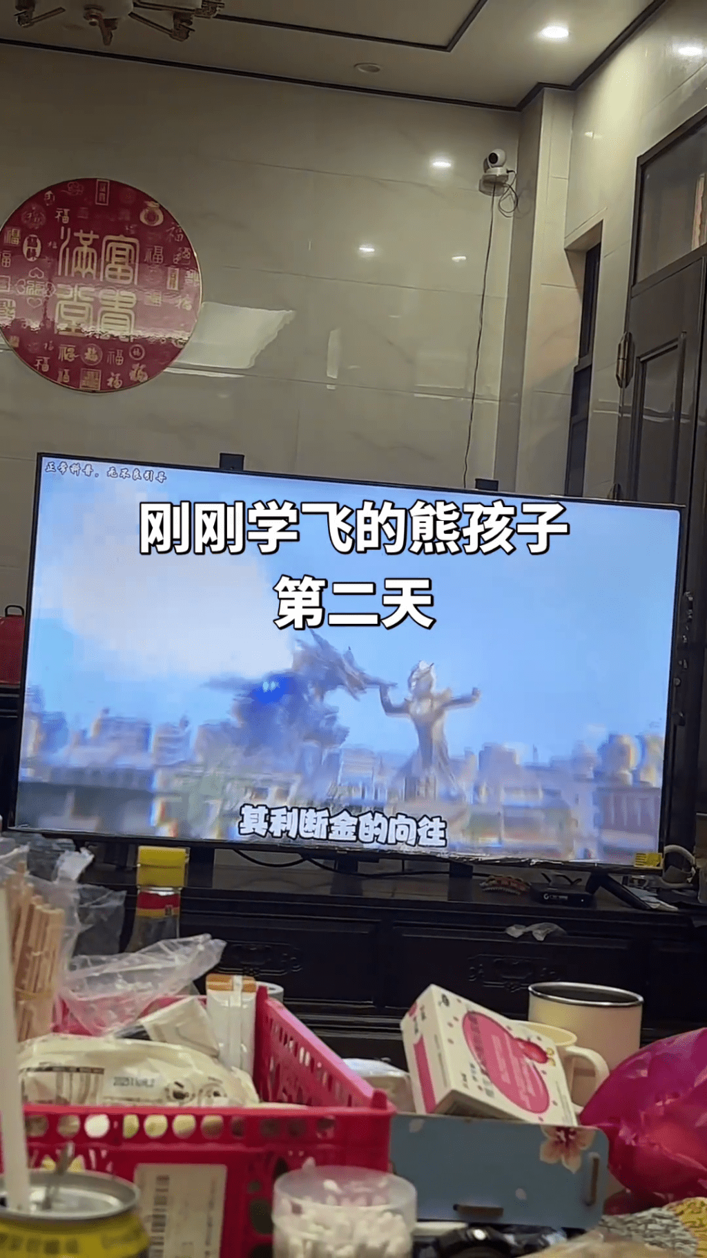 男童躺在椅上休息仍在观看《超人迪加》。