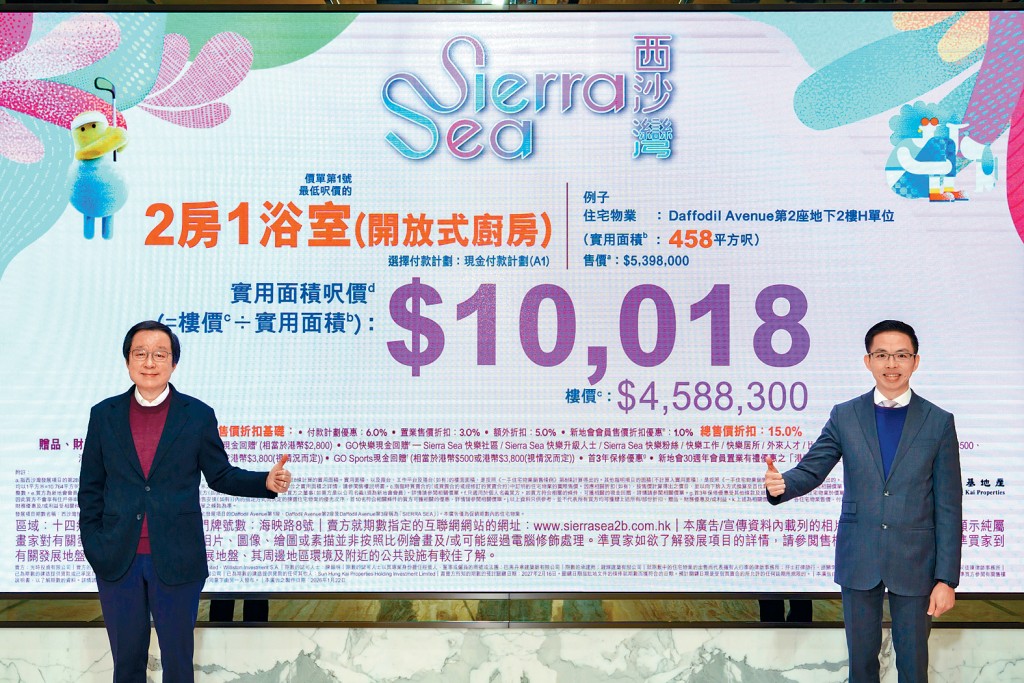 新地雷霆（左）形容SIERRA SEA 2B期首批定為「繼續夢想成真價」。旁為陳漢麟。