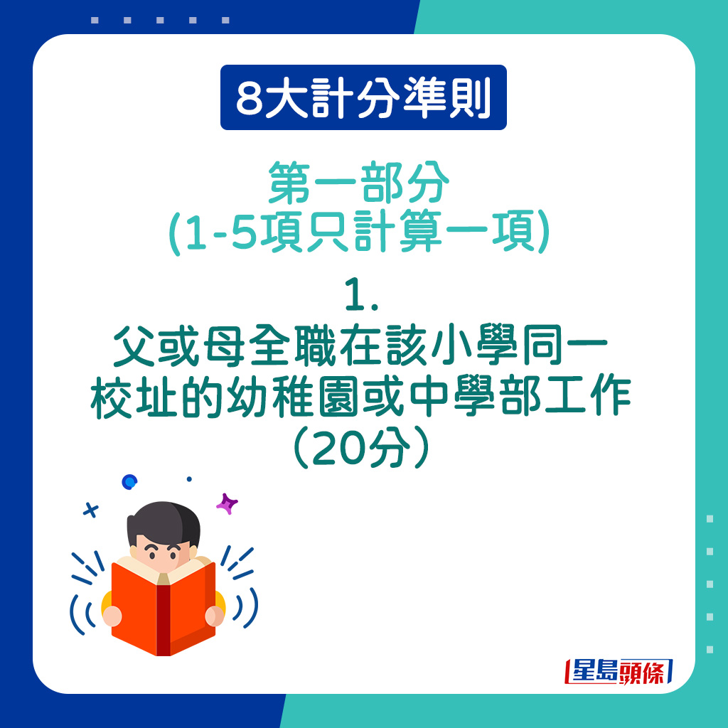 8大計分準則第一部分｜1．父或母全職在該小學同一校址的幼稚園或中學部工作（20分）