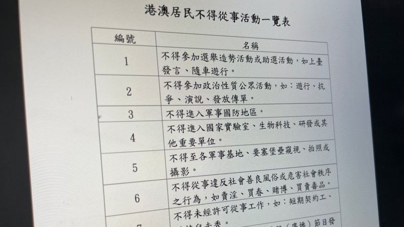 台灣對旅台港澳居民提「九不得」。