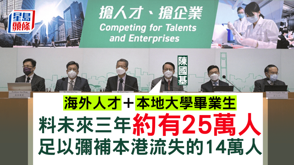 陳國基(右三)與一眾官員出席記者會講解「搶人才」「搶企業」細節。