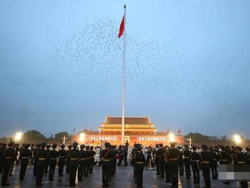 當國旗至旗桿頂後現場放出大批和平鴿。