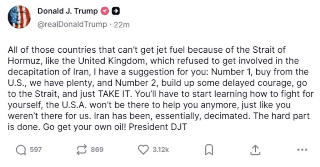 美國總統特朗普3月31日在社交平台連發帖文，對多個未參與對伊朗行動的國家提出強硬批評，並疑「發晦氣」表示，美國不會再代勞，這些國家若要石油，要麼向美國購買，要麼就自己拿出勇氣闖入海峽去搶。