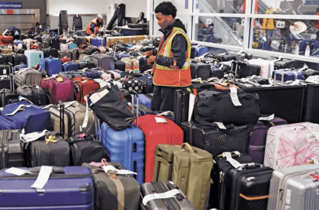 美國西南航空去年曾發生大量航空臨時取消事件。圖為記者目擊機場內有大量行李積壓。美聯社