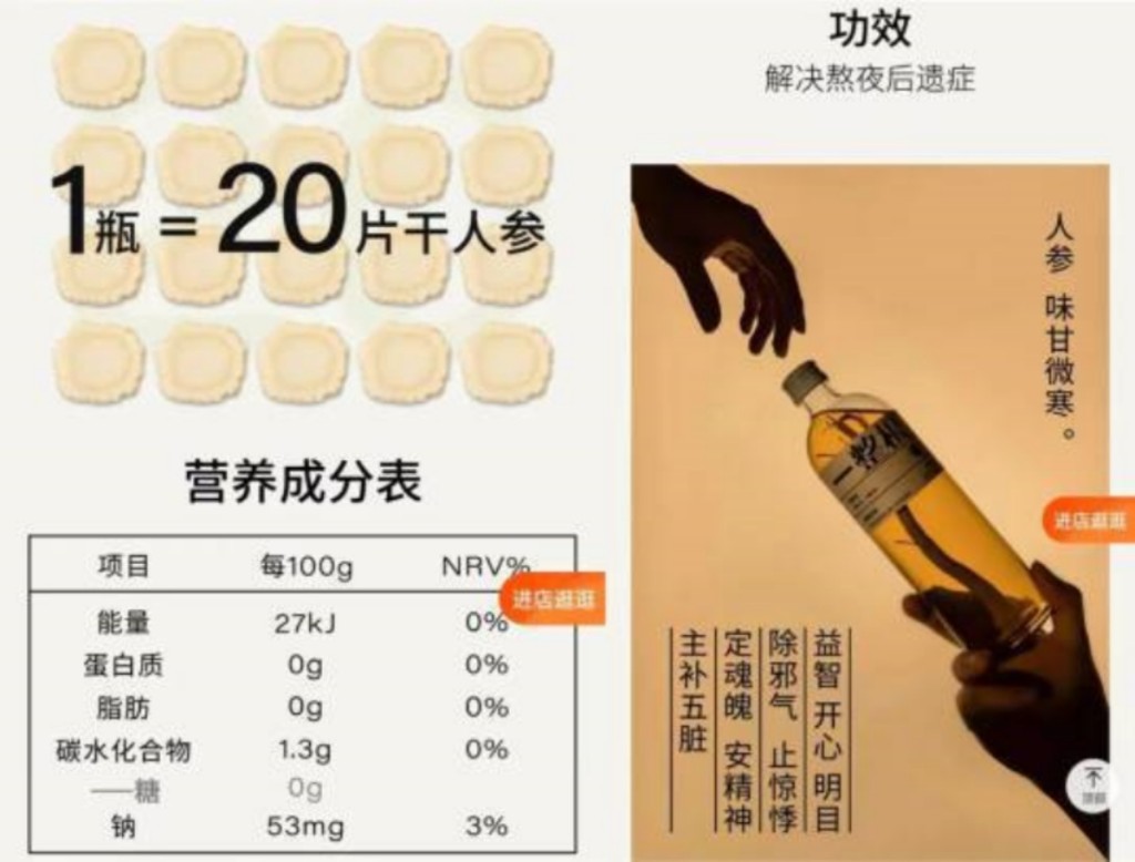 「一整根」熬夜水號稱1瓶等於20片乾人參。