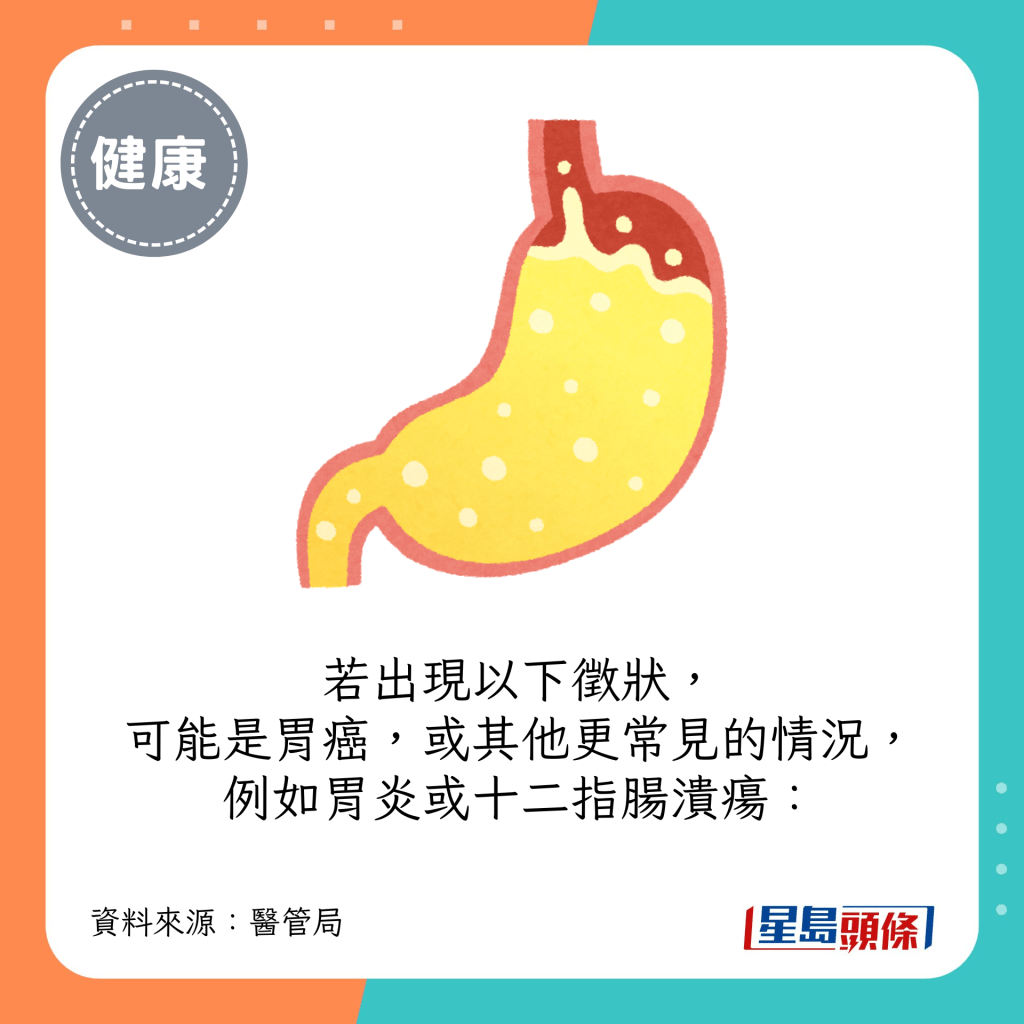  若出現以下徵狀，可能是胃癌，或其他更常見的情況，例如胃炎或十二指腸潰瘍：