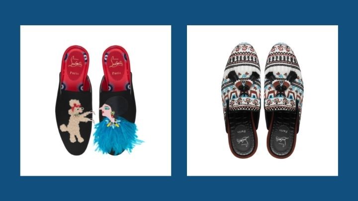 右/COOLITO SUN GREEK平底刺繡帆布鞋、左/AT HOME WITH TEP 華達呢布料拼L oubieye縐緞及小山羊皮平底鞋。