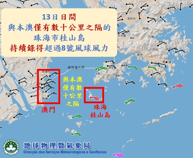 與澳門僅有數十公里之隔的珠海市桂山島,持續錄得超過8號風球的風力。氣象局圖片