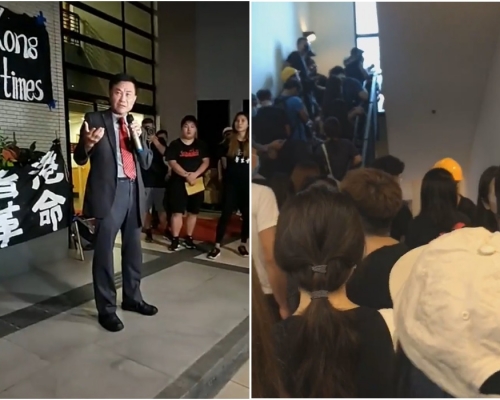 岭南大学数百名学生举行罢课集会;郑国汉指会与学生对话。岭大学生会编委会FB图片