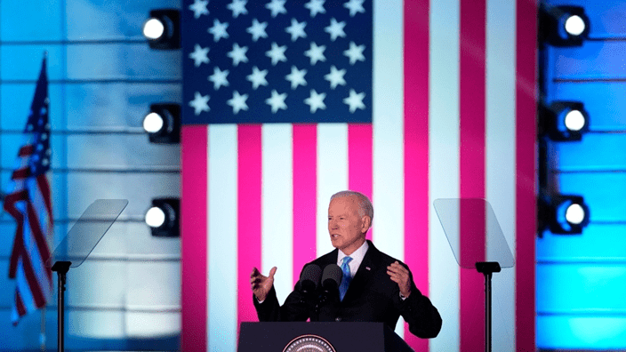 美國總統拜登在華沙皇家城堡就俄烏戰事發表講話。