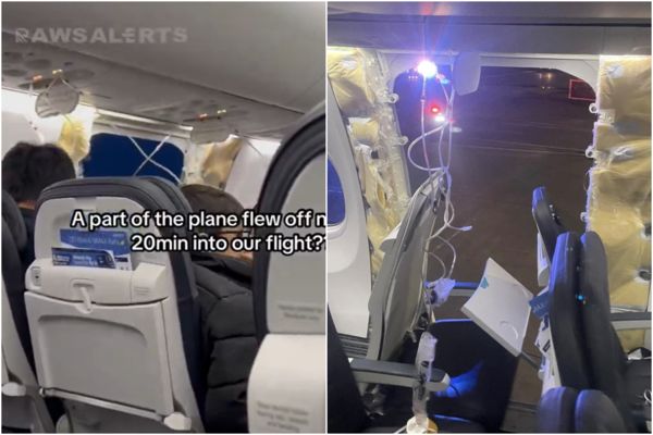 阿拉斯加航空客機氧氣面罩降下，機身有大片窗戶消失。 網片截圖
