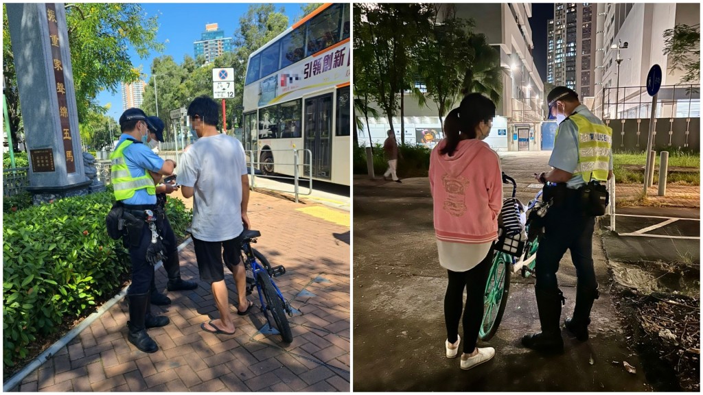 警員對行人路踏單車違例人士發出傳票。