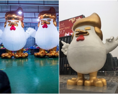 右為「特朗普雞」雕像；左為充氣「特朗普雞」。網圖