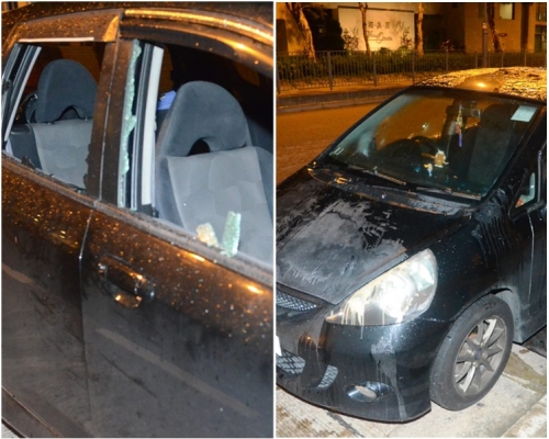 私家車車窗被打碎;車頂被淋潑起漆水。
