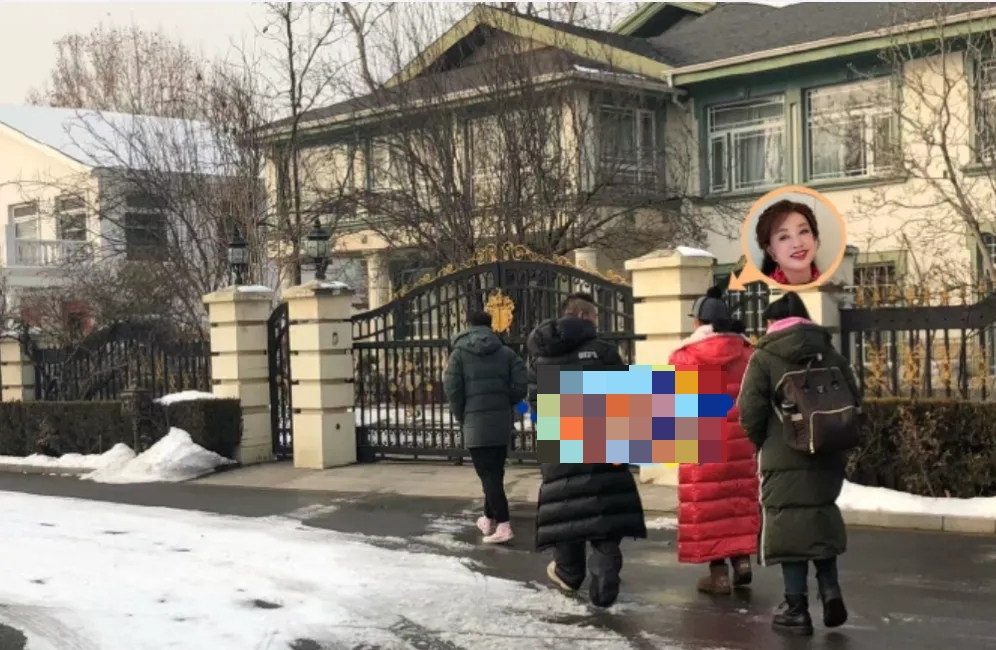 身穿红色羽绒服的刘晓庆返回别墅的画面。