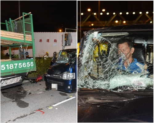客貨車車頭嚴重損毀,司機受傷被困。