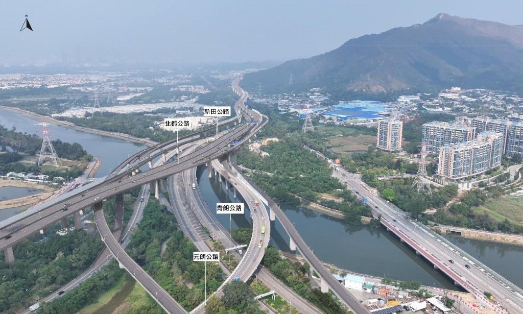北都公路-元朗公路、新田公路及青朗公路交匯處模擬圖。 北都公路-元朗公路、新田公路及青朗公路交匯處模擬圖。
