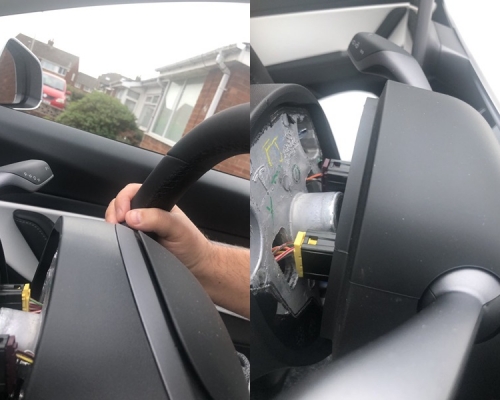 新車駕駛不足600公里軚盤鬆脫,Tesla指忘記上螺絲籲車主無需擔心。JasonTuatara Twitter