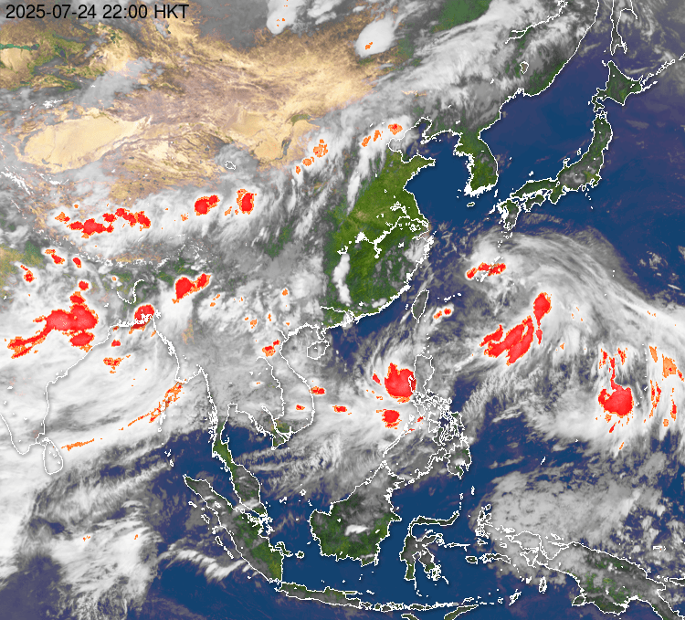 7月24日晚上衞星雲圖顯示，南中國海北部至西北太平洋的季風渦旋有多個強對流發展，其中已有三個熱帶氣旋形成。天文台圖片