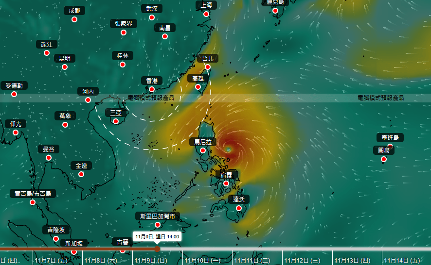 AI模型「伏羲」預測現時位於關島以南熱帶氣旋未來行走路徑。天文台擷圖 AI模型「伏羲」預測現時位於關島以南熱帶氣旋未來行走路徑。天文台擷圖