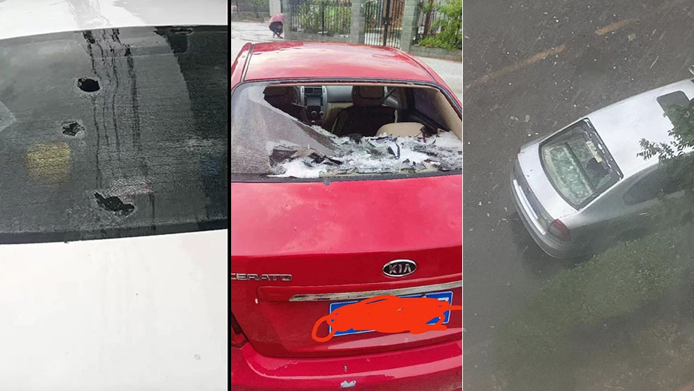 北京下冰雹，有私家車擋風玻璃被毀。網圖
