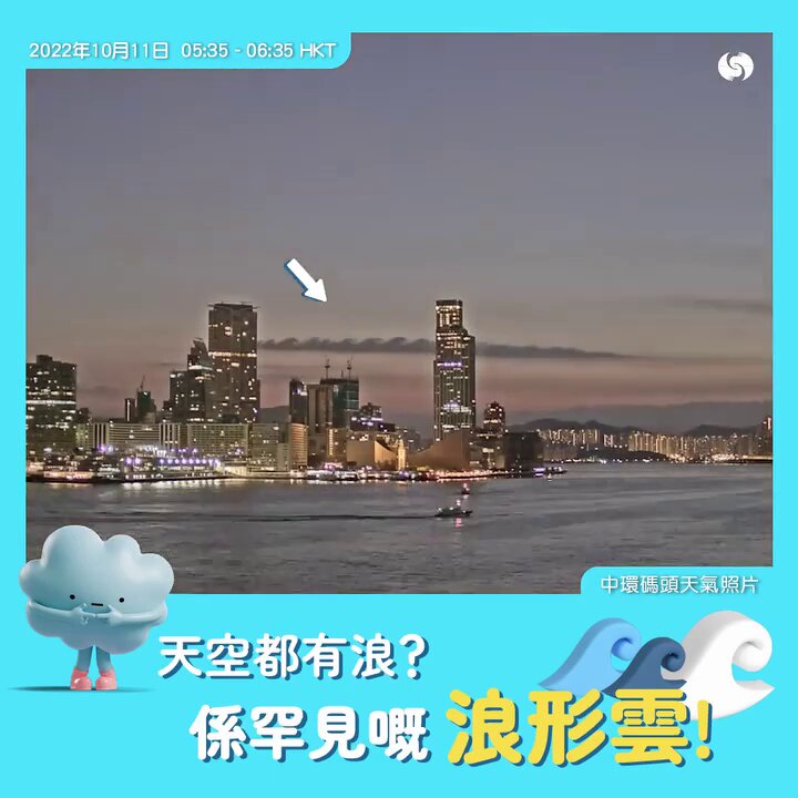 2022年10月時,香港天文台facebook亦曾以「空中的浪花」為題,介紹浪形雲,並指天氣相機剛好捕捉到佢形成至消散嘅過程。天文台fb截圖 2022年10月時,香港天文台facebook亦曾以「空中的浪花」為題,介紹浪形雲,並指天氣相機剛好捕捉到佢形成至消散嘅過程。天文台fb截圖