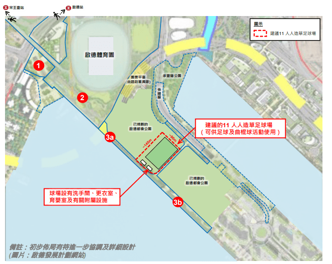 市區重建局擬在啟德都會公園內興建一個11人「人造草」足球場。九龍城區議會文件截圖