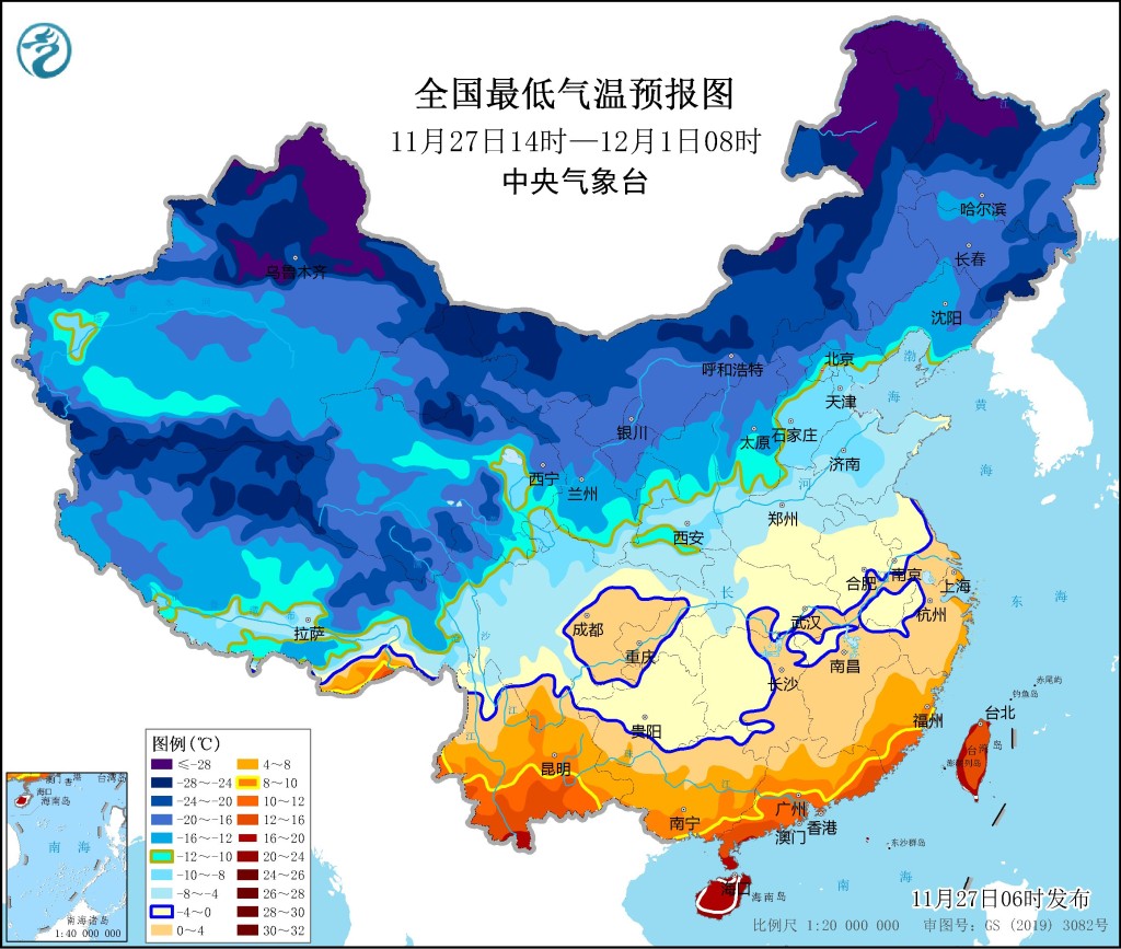 12月1日至2日最低气温0℃线将南压到江南北部至贵州南部一带。全国最低气温预报图