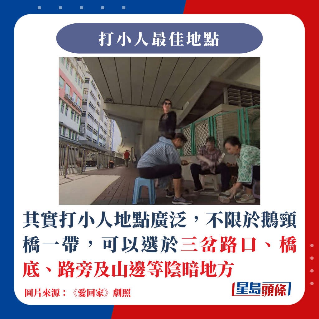 其實打小人地點廣泛，不限於鵝頸橋一帶，可以選於三岔路口、橋底、路旁及山邊等陰暗地方