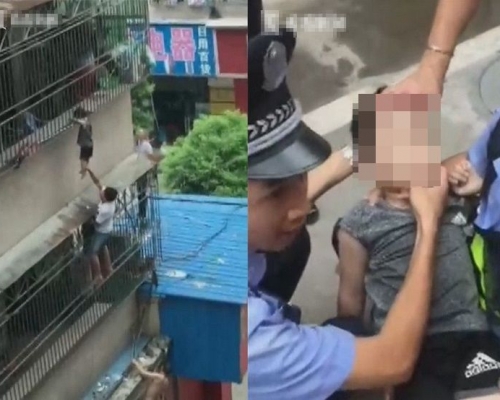 吊於屋外的男童，在鄰居的協助下成功獲救。網上圖片