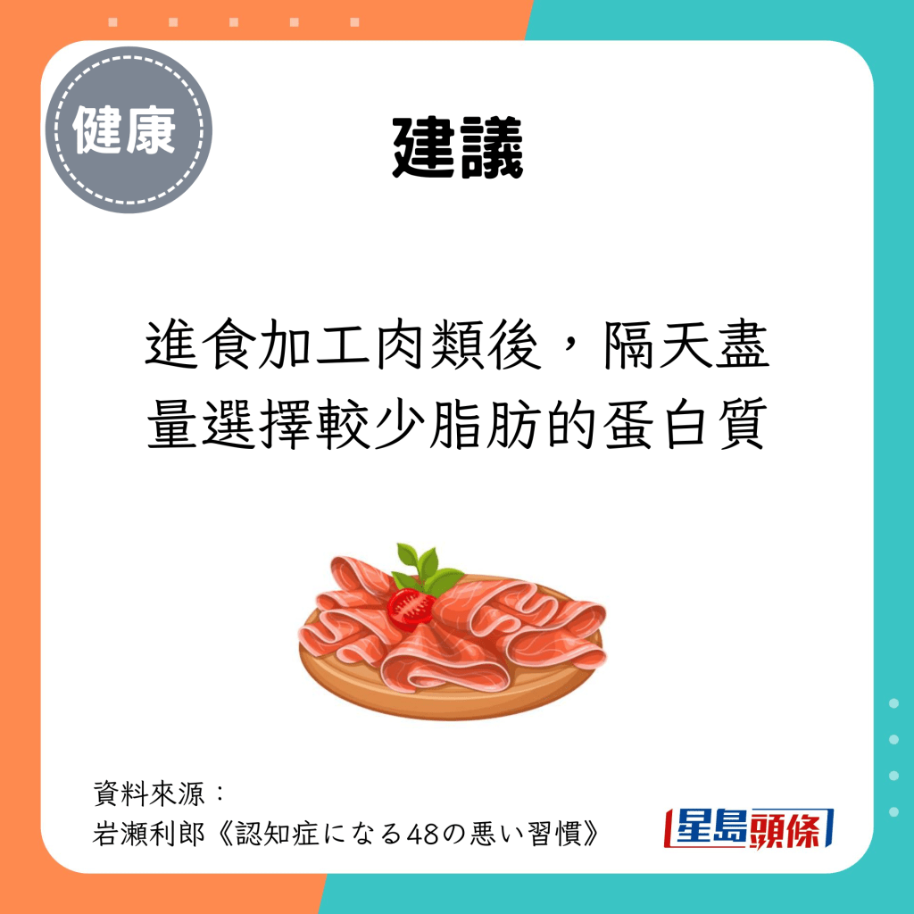 进食加工肉类后，隔天尽量选择较少脂肪的蛋白质