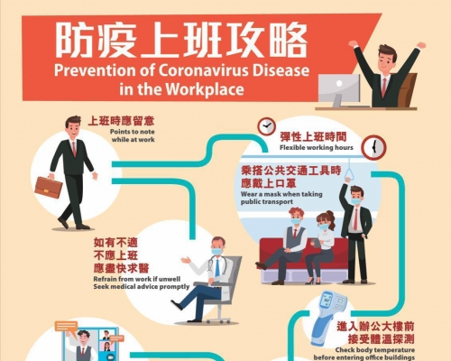 政府設計「防疫上班攻略」海報，供僱主僱員張貼在辦公室。 衛生防護中心提供