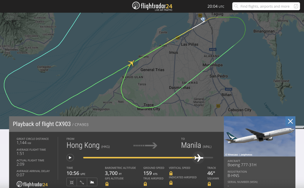 國泰航空CX903客機降落時需要復飛。Flightradar24 截圖 國泰航空CX903客機降落時需要復飛。Flightradar24 截圖