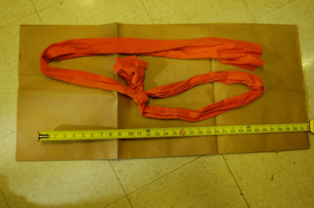 爱泼斯坦以囚服撕成的布条自缢。 美国司法部 爱泼斯坦以囚服撕成的布条自缢。 美国司法部