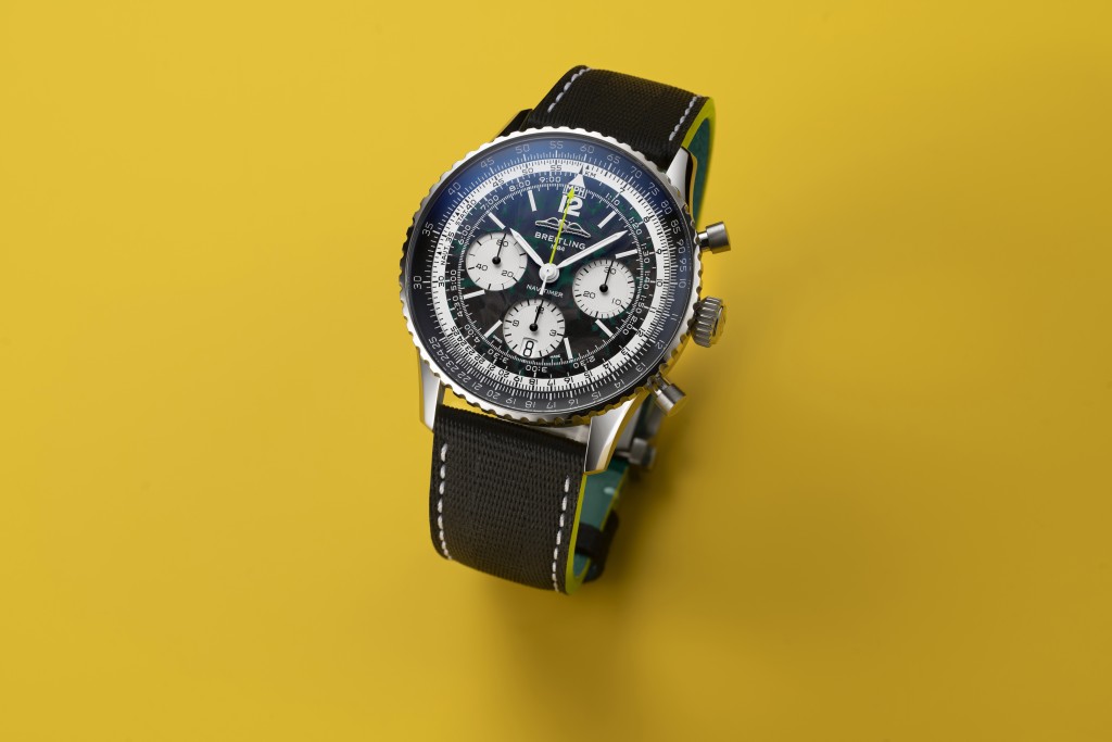 Breitling  Navitimer B01 Chronograph 43 Aston Martin Aramco Formula One Team，表壳：43mm钛金属/ 机芯：Breitling 01自动/ 限量：1,959枚/ 售价：$79,600。