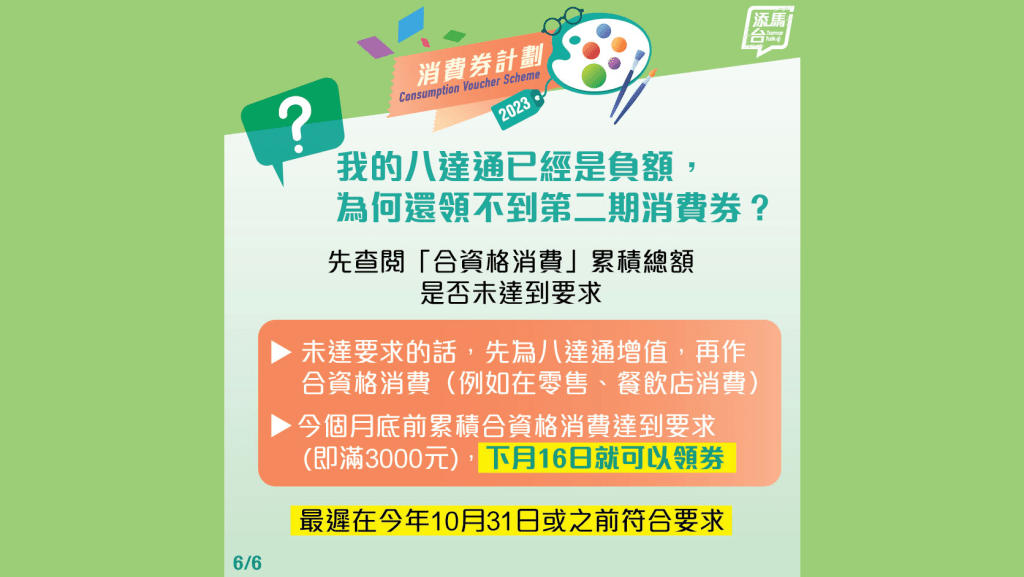 政府提醒市民須在10.31或之前符合累積「合資格消費」要求。添馬台FB