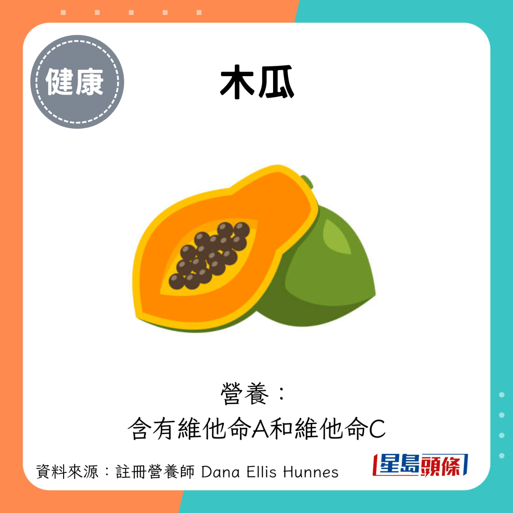 木瓜：营养： 含有维他命A和维他命C