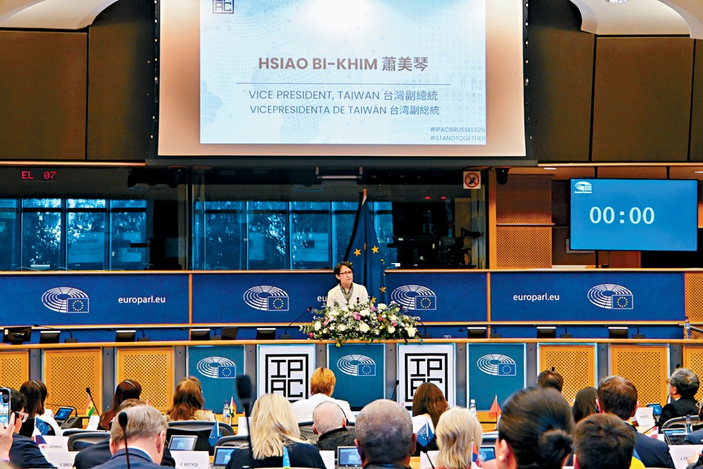 萧美琴在欧洲议会发表演说。