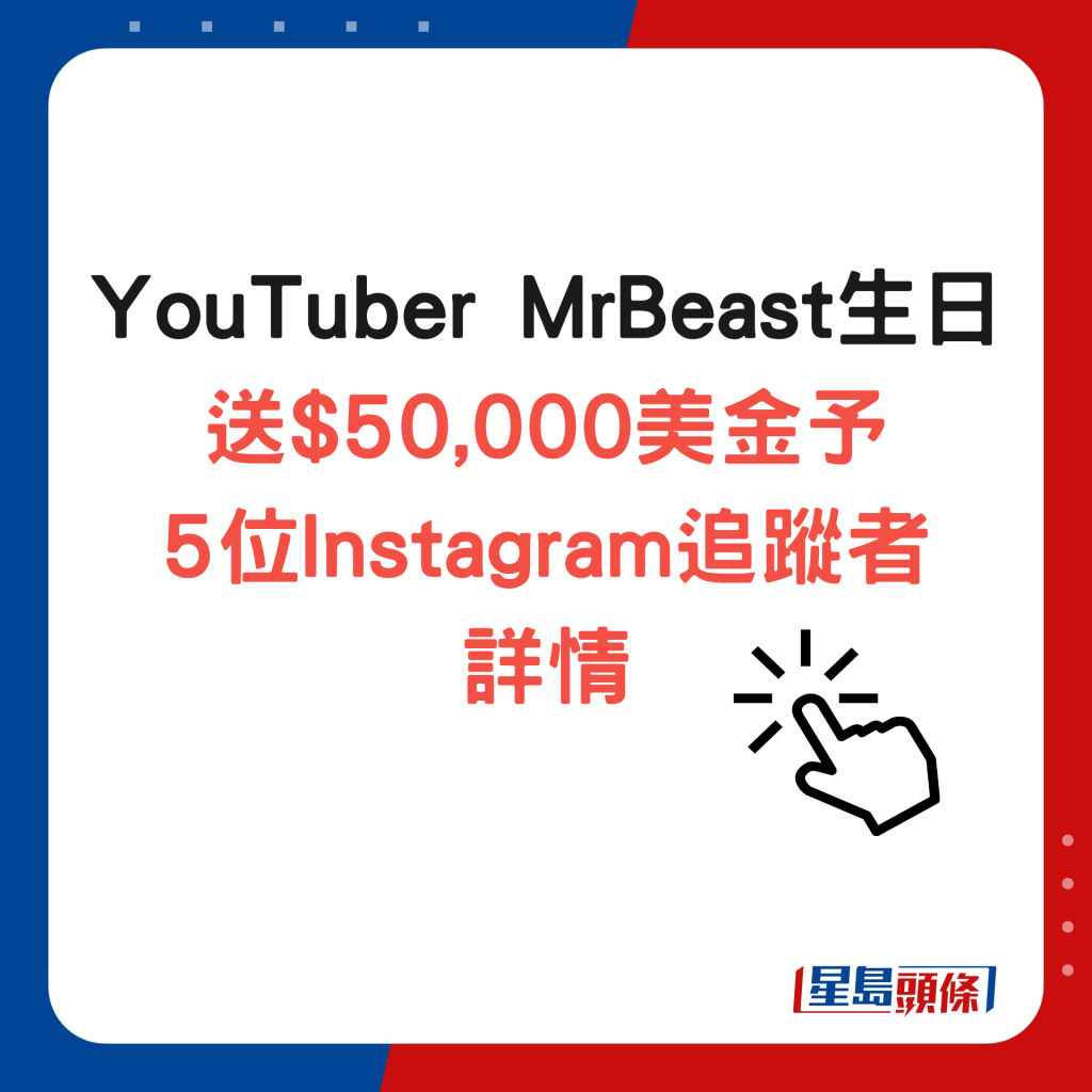 YouTuber MrBeast生日送$50,000美金予 5位Instagram追踪者详情