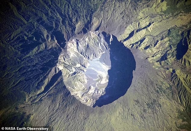 美國太空總署拍攝坦博拉火山的6公里寬火山口。網圖