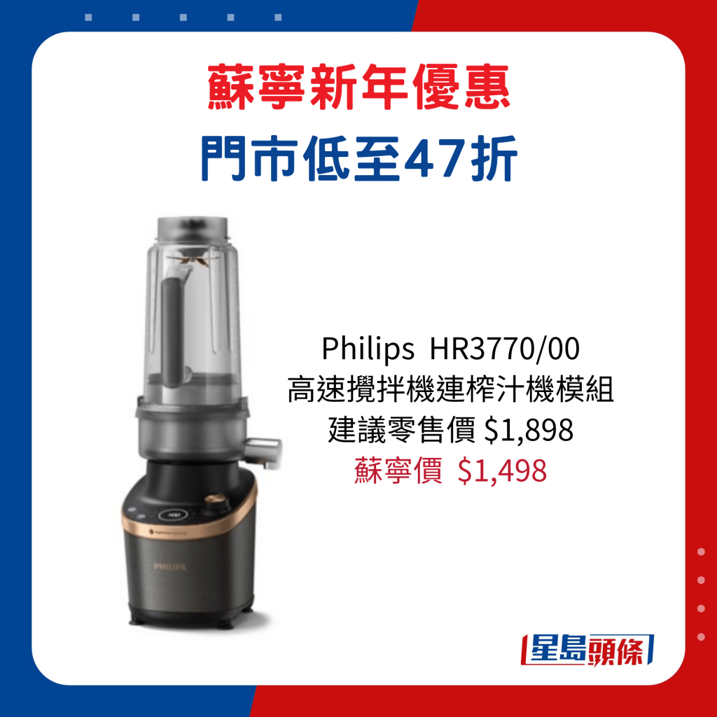 Philips  HR3770/00  高速攪拌機連榨汁機模組/建議零售價 $1,898、 蘇寧價$1,498 。