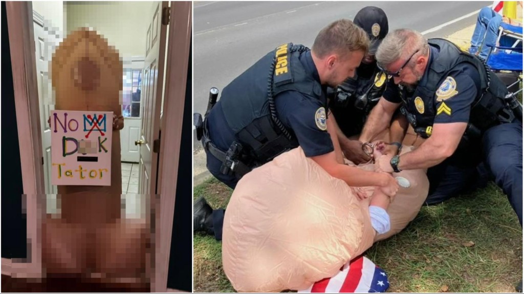 阿拉巴马州费尔霍普市老妇Renea Gamble穿7呎阴茎装控特朗普独裁。 Threads